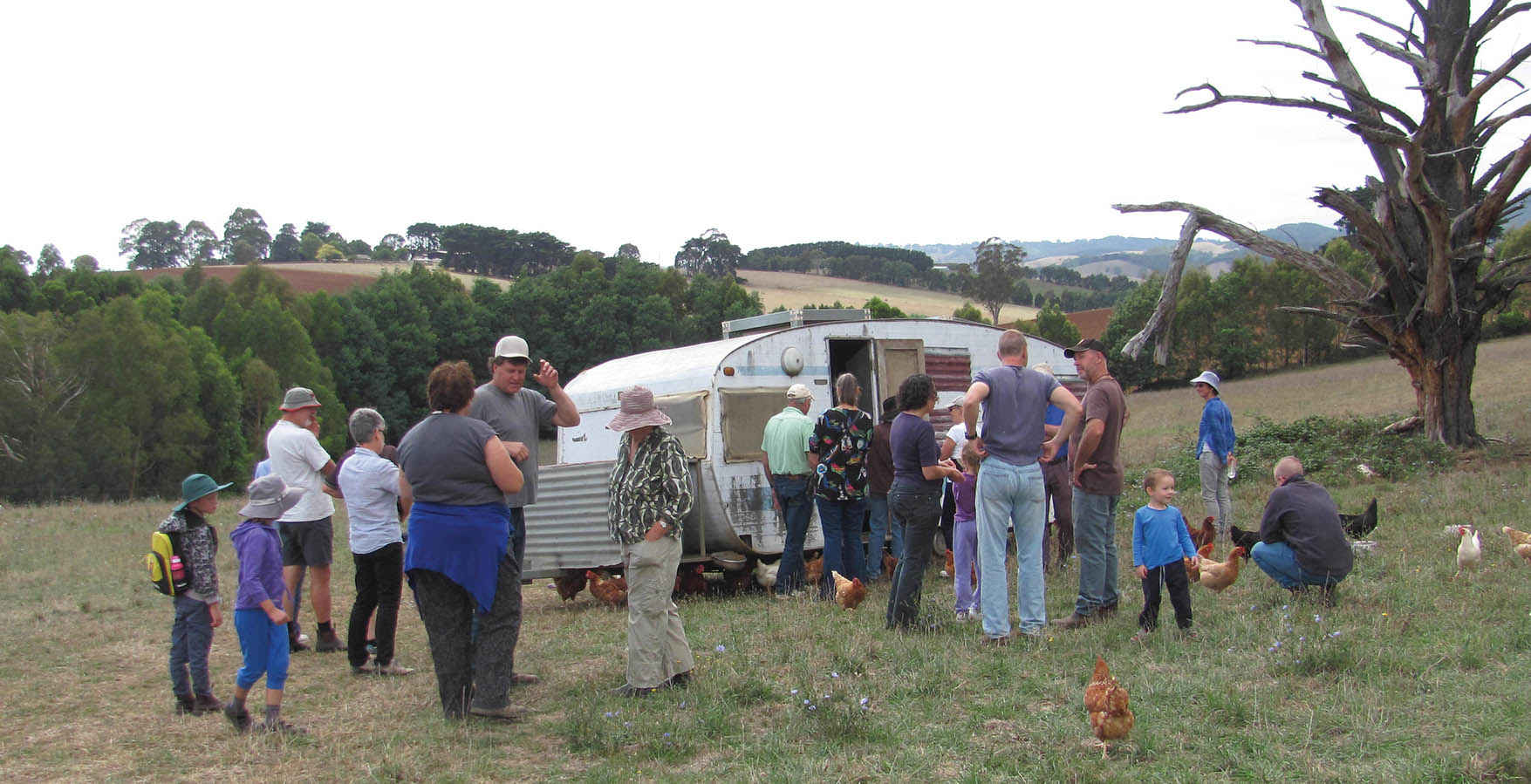 Participants inspect a caravan fitted out to house free-range chickens on an organic dairy farm near Warragul during a Mt Worth and District Landcare Group farm walk.