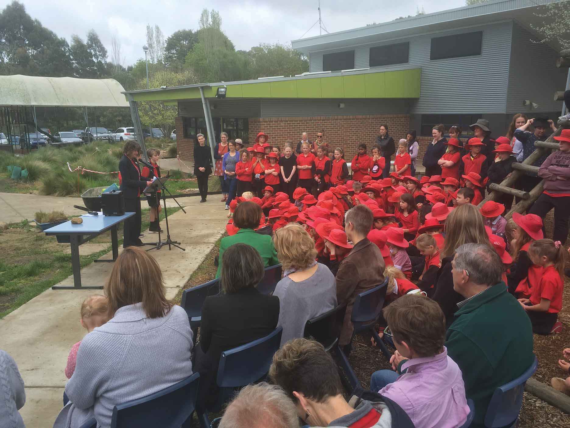 The whole of the Newham Primary School community gathered to hear about the benefits of providing habitat and increasing biodiversity on frog bog day.