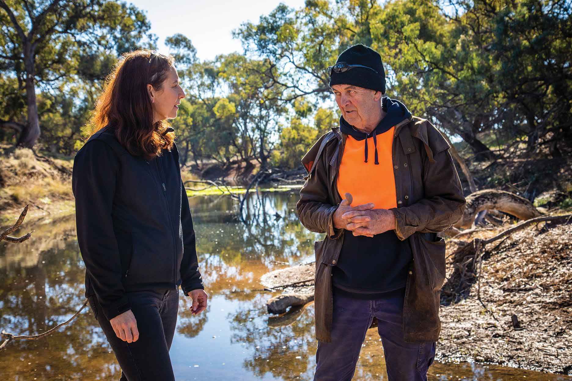Marissa Shean with Donald Cooper, President of the Nullawil Landcare Group, surveying the <br />
environmental water allocation at Uttiwillock Wetland in Nullawil 2021. <br />
