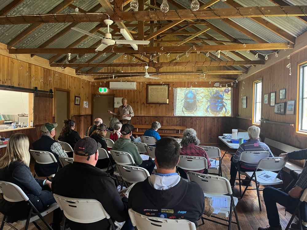 Dung beetle researcher and breeder Dr Russ Barrow, of EcoInsects, shares his knowledge during a workshop at Tonimbuk Hall in October 2024. 