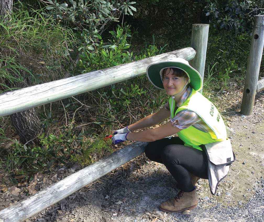 Kylie Barlow weeding a patch of asparagus fern during a Green Gym activity at Ballina, NSW.