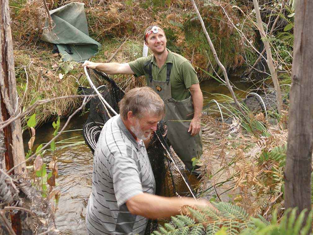 John Pye (left) assists ecologist Josh Griffiths with platypus monitoring in McKenzie Creek in 2018. 