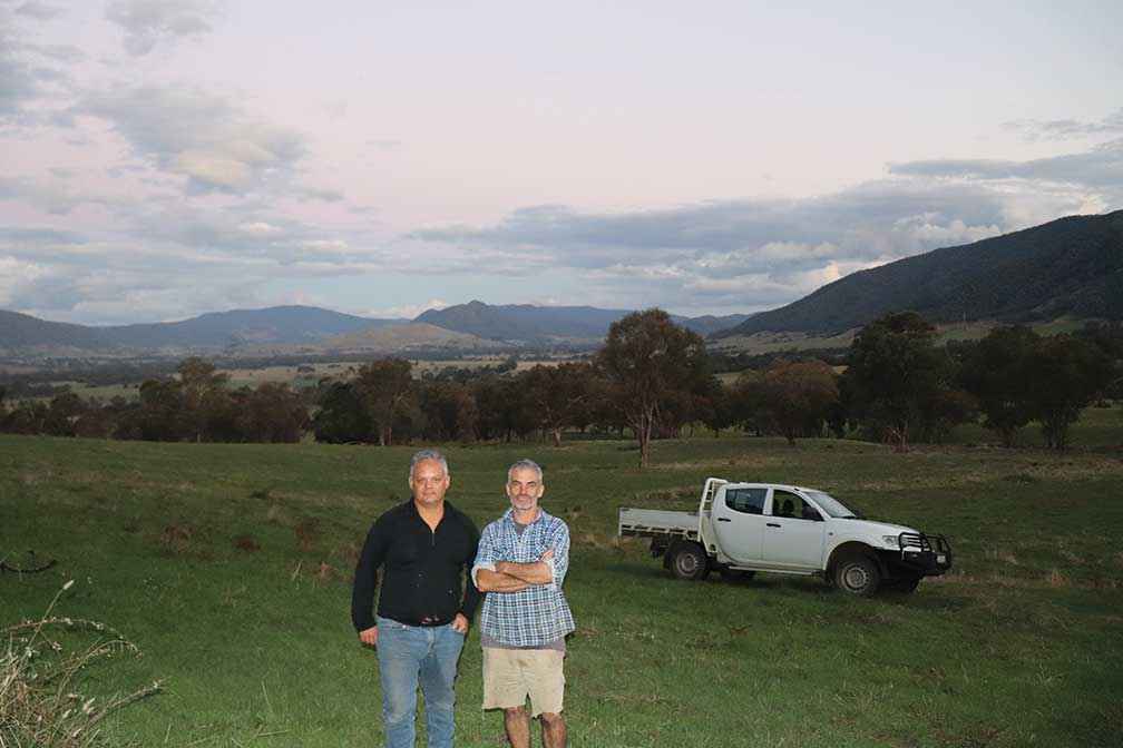 From left, Simon Feillafe, Mitta to Murray Landcare Network Facilitator with landholder and member of the Mitta Valley Landcare Group, Ben Teek. Ben has changed his grazing regime to manage deer attracted to his property from the crown land forest on his boundary.