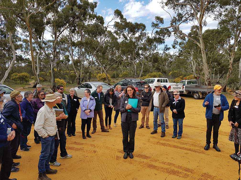 Zoe Wilkinson, former Area Chief Ranger for Parks Victoria, speaking at the Keith Hateley Nature Walk, Little Desert National Park, during the 2018 Wimmera Biodiversity Seminar tour.