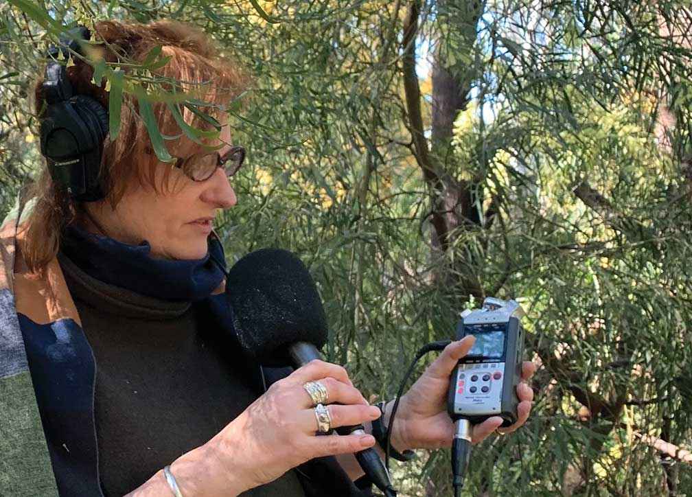 Strath Creek Landcare Group member and radio journalist Fiona Gruber recording the podcast.