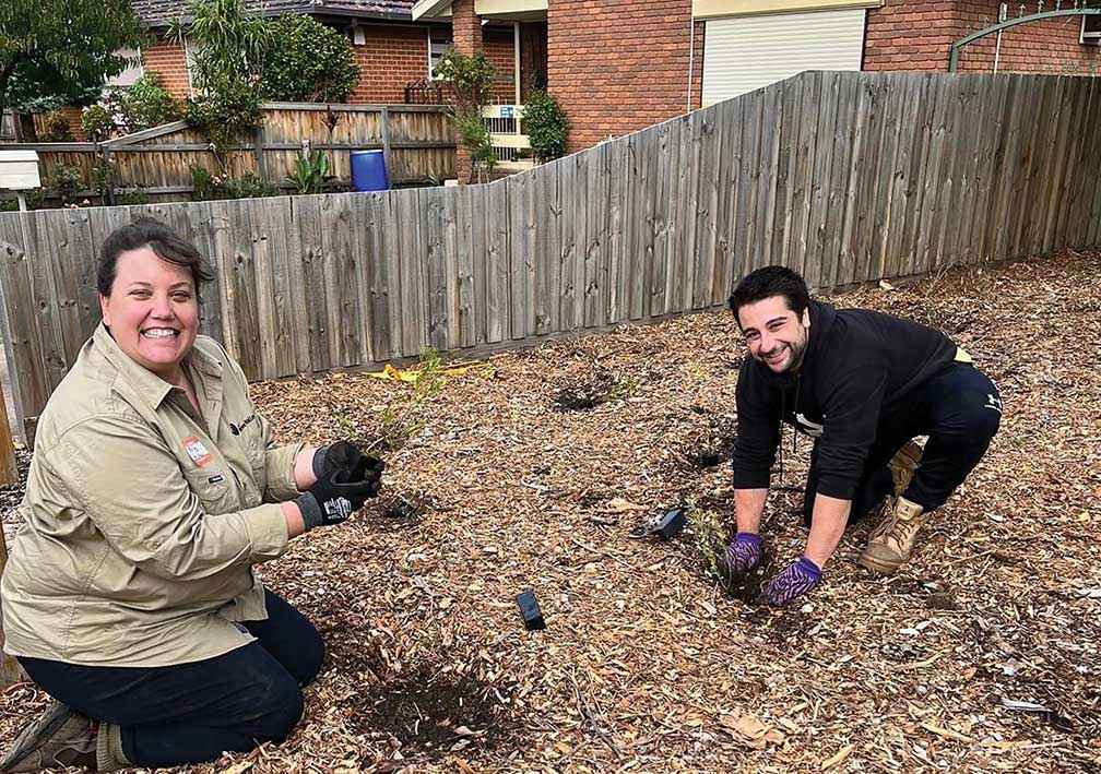 Alex Paporakis (at right) with Millicent Burke, Conservation Officer with Moonee Valley City Council at UBI’s first planting day at Sterling Drive Reserve, Keilor East in May 2022.<br />
