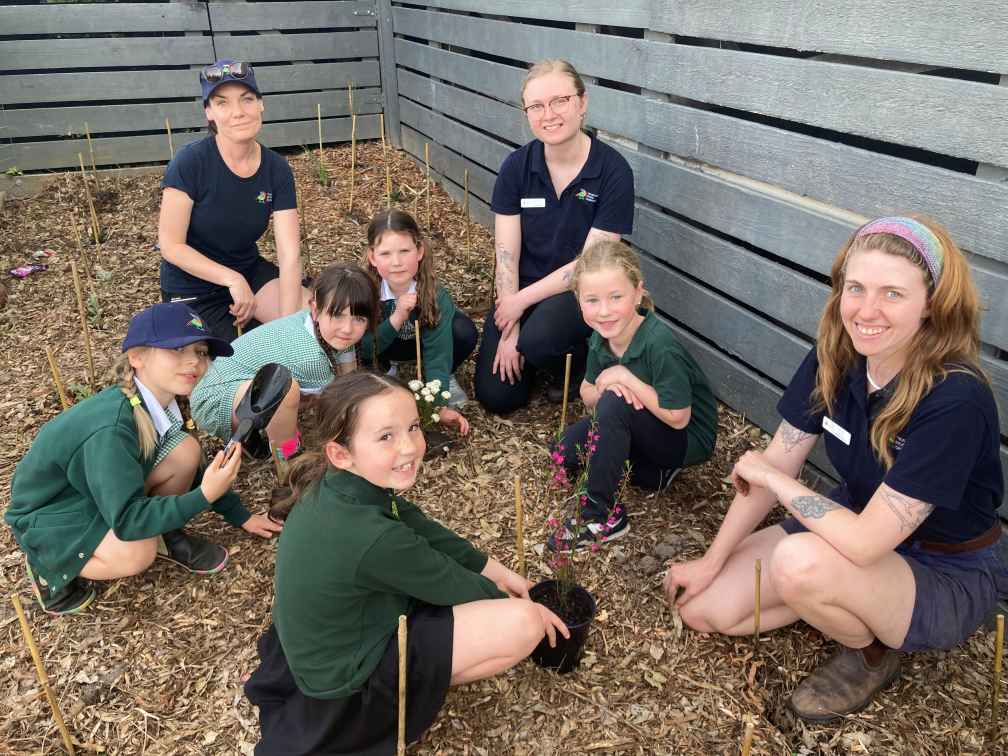 Cowes Primary Students with Threatened Species Conservancy staff planting the butterfly gardens.