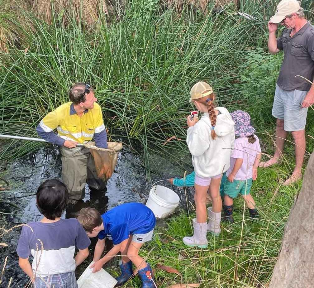 Romawi Landcare runs macroinvertebrate surveys in Forge Creek, supported by keen helpers.